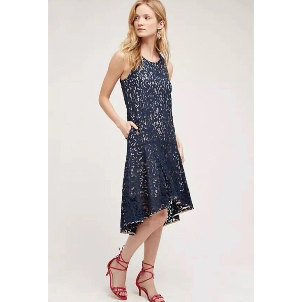 ANTHROPOLOGIE Maeve New Dress MEDIUM Vienne‎ Hi Low Navy Marin Lace Floral